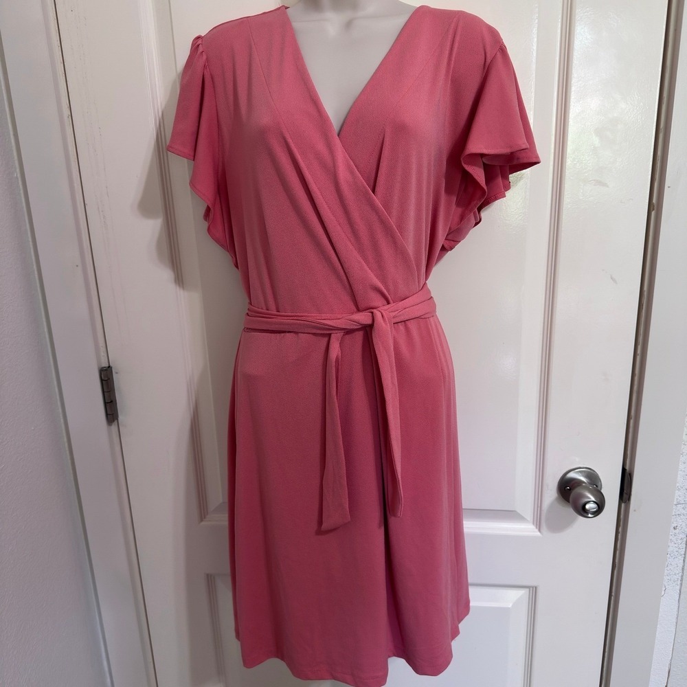 Nine West Women's XXL Pink Wrap Dress Flutter Sleeve Tie Waist Career Midi